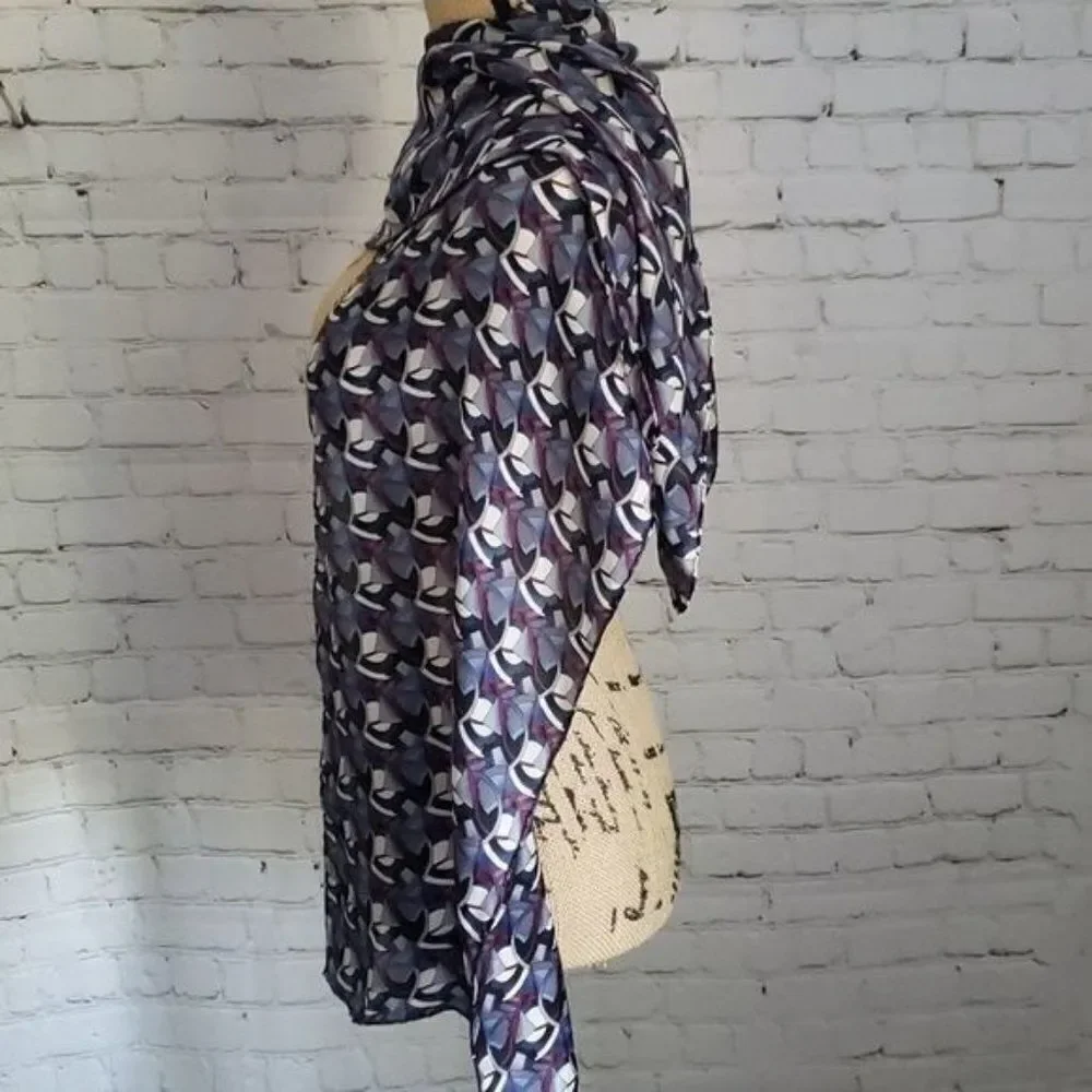 Vintage Oversized Abstract Art Blue Gray Rolled Hem Scarf